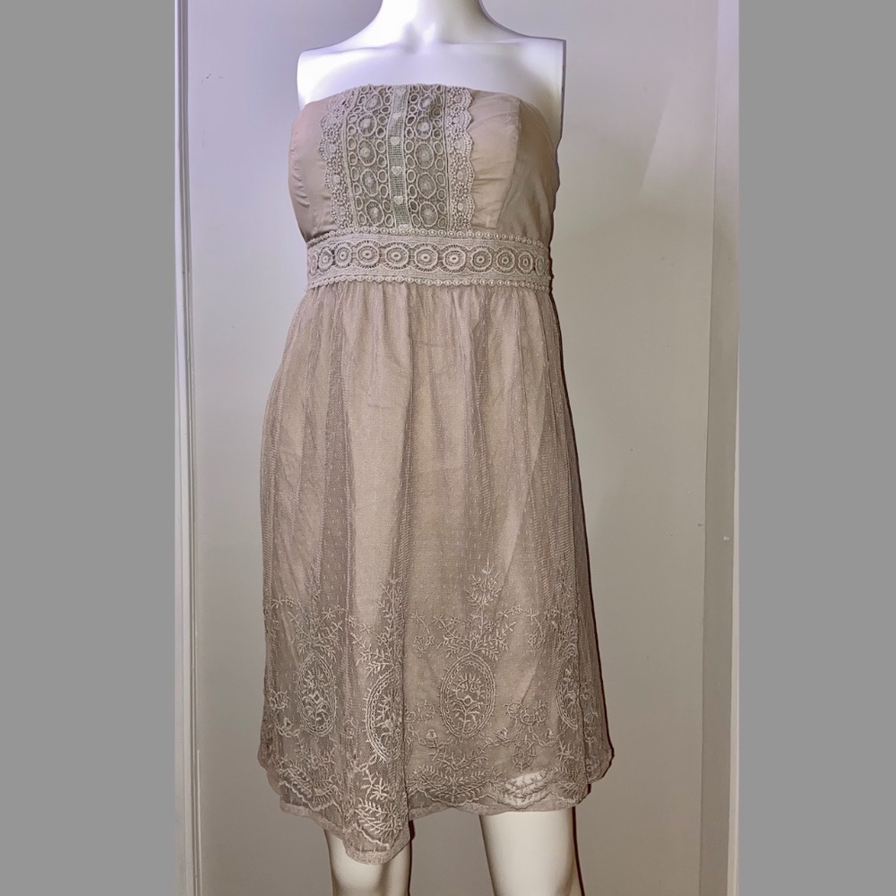 Mustard Seed Strapless Beige Lace Overlay Mini Dress Sz. Large